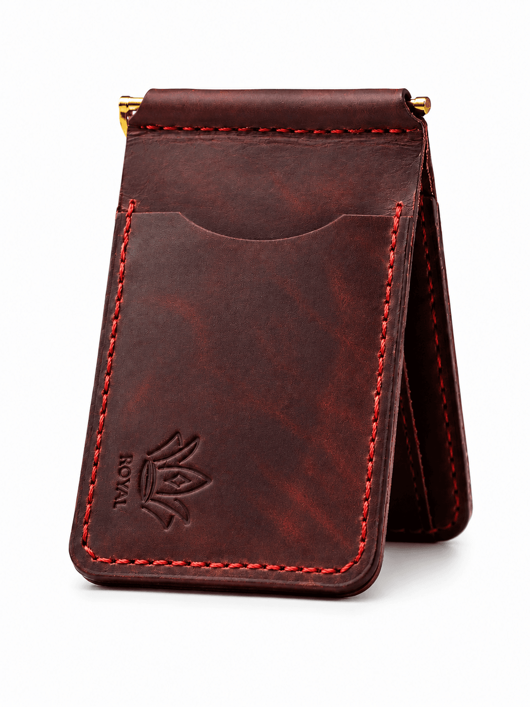 ROYAL burgundy money clip wallet standing closed, brass clip visible, contrast stitching and crown logo