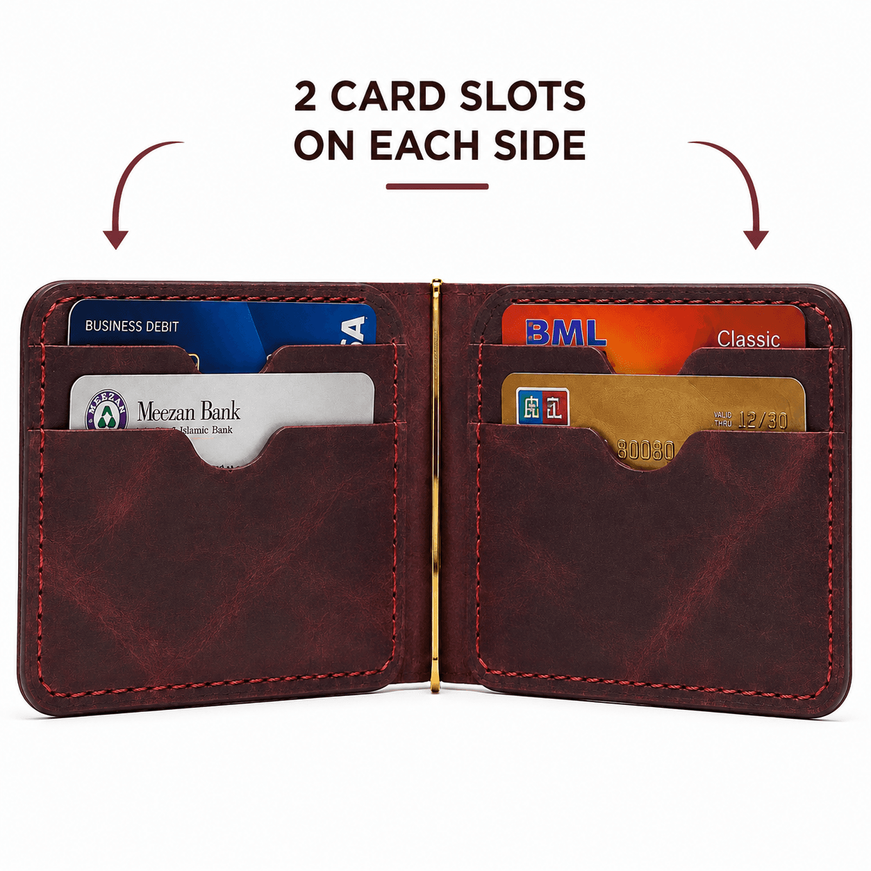 Burgundy money clip wallet open — two card slots on each side with the brass clip in the centre
