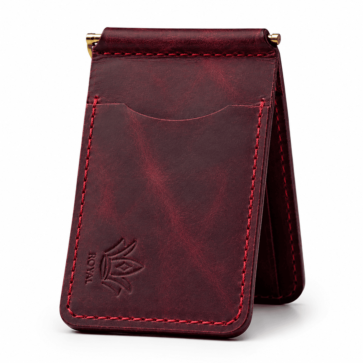 Burgundy money clip wallet closed, front view on white