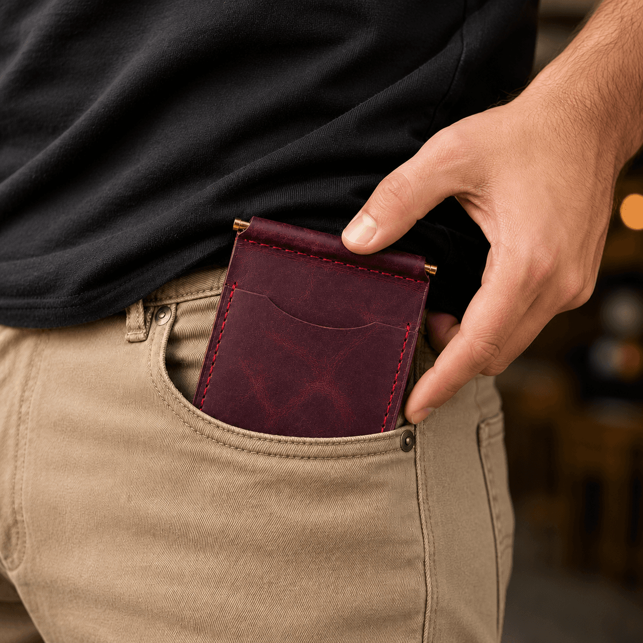 Burgundy money clip wallet slipping into the front pocket of khaki trousers