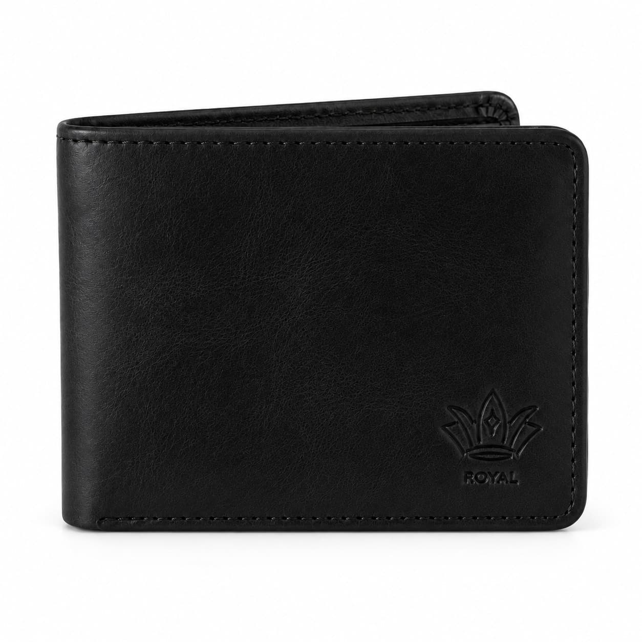 ROYAL Classic Bifold Wallet in black full-grain leather β front view with embossed crown