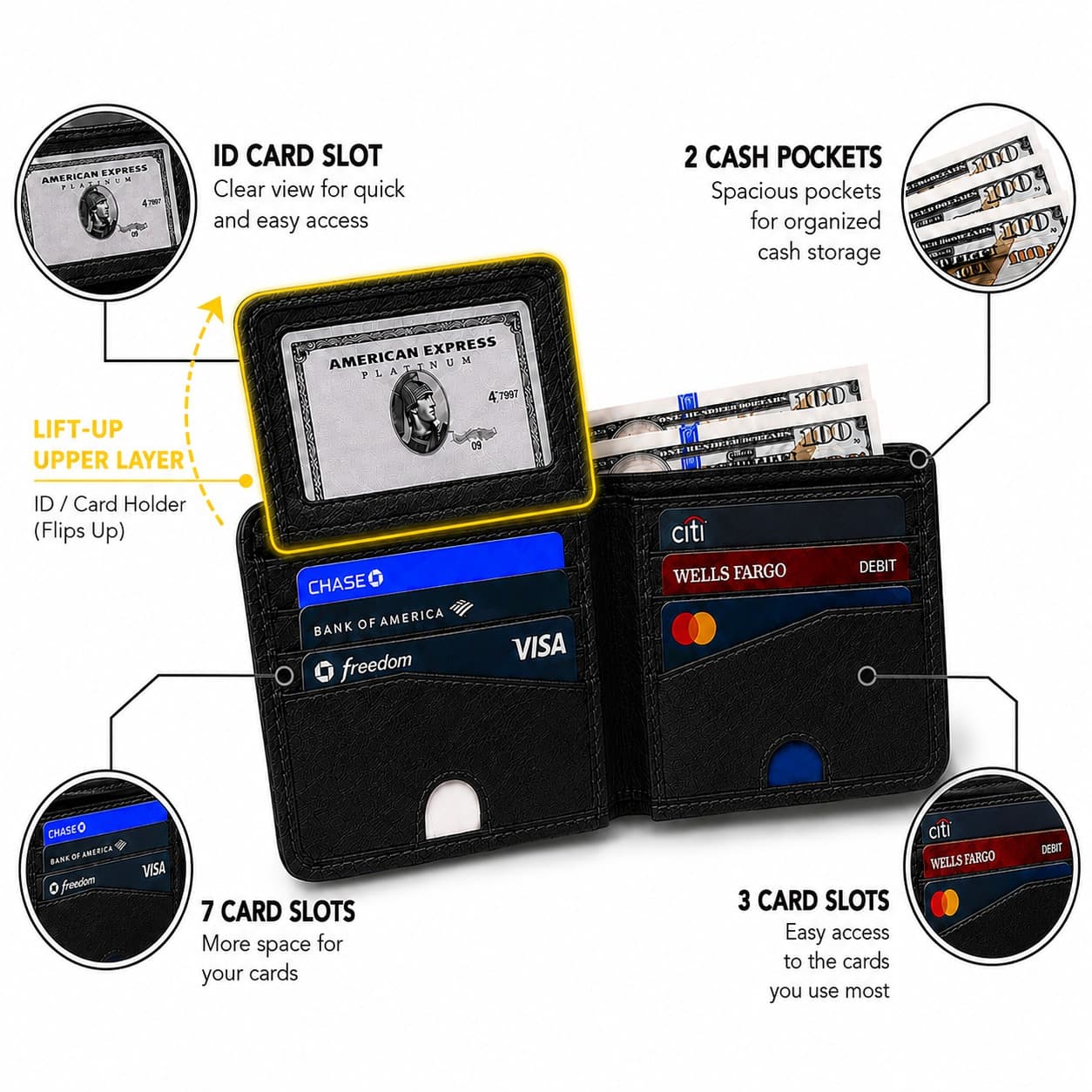 ROYAL bifold wallet features: flip-up ID window, 10 card slots and two cash pockets
