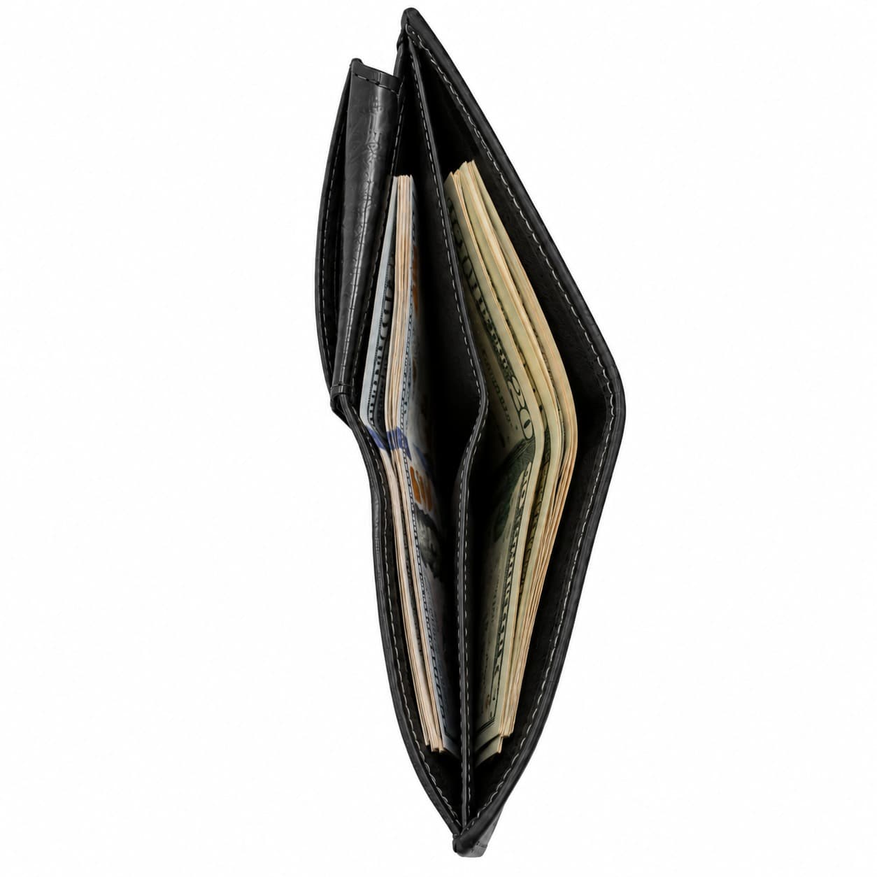 Black leather bifold wallet open, showing two full-length cash pockets holding bills