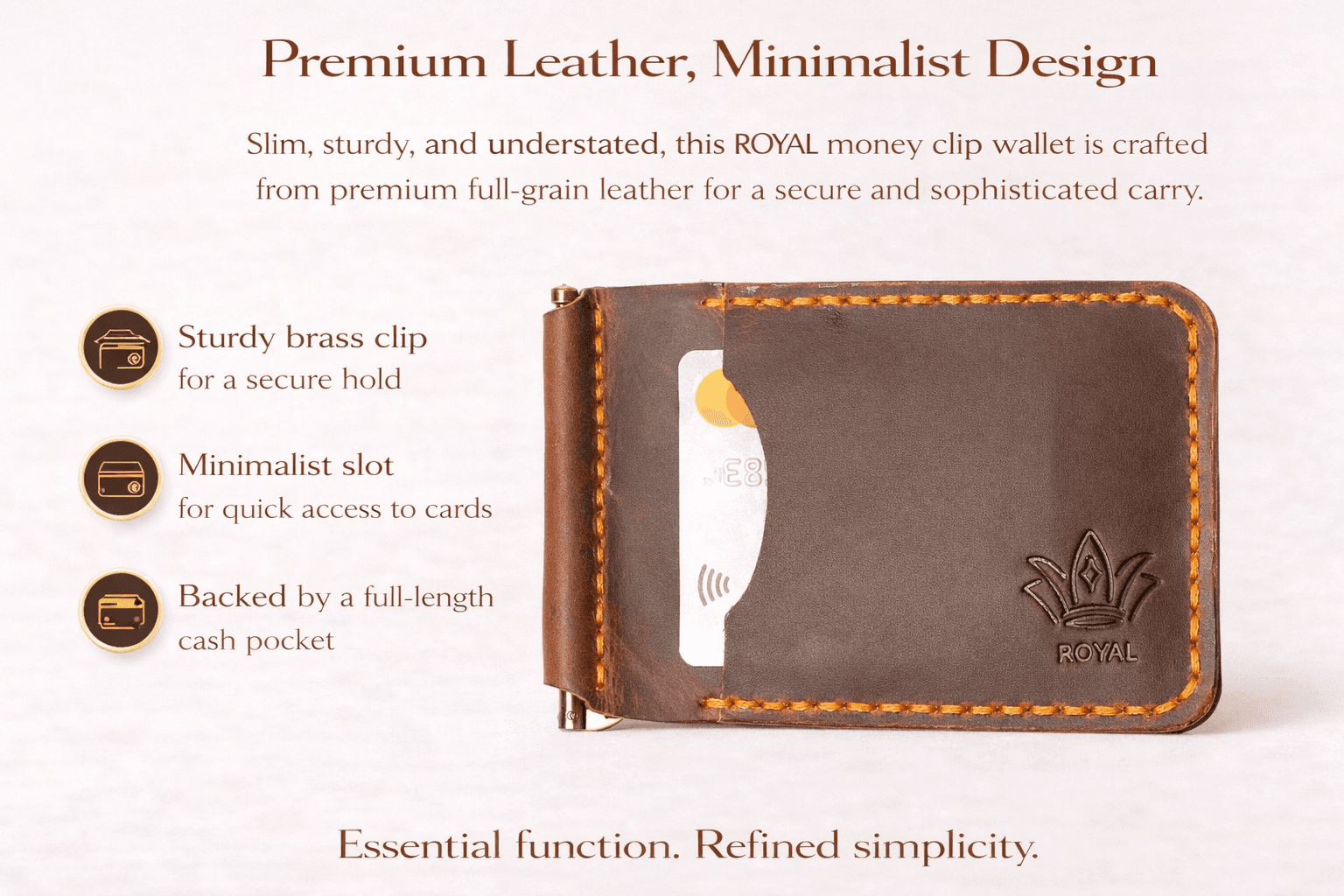 Royal Hand Made Cash Clip — Tan — Tan full-grain leather, view 6