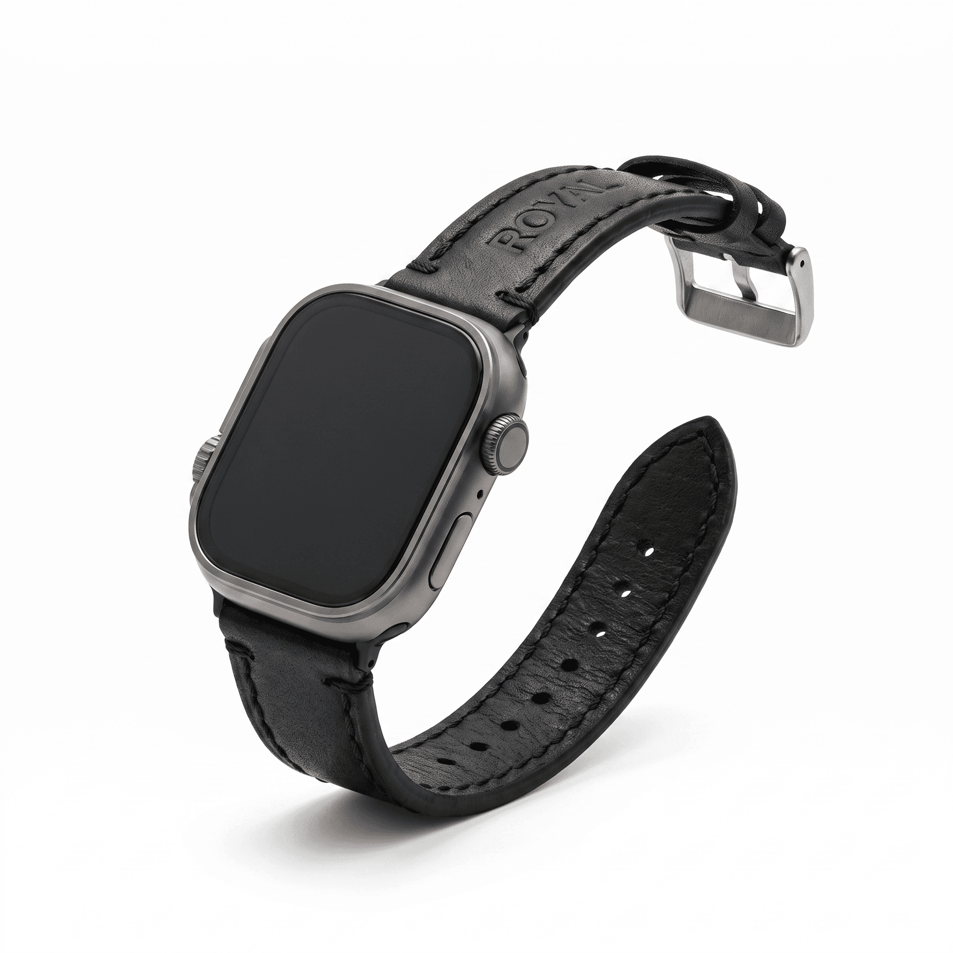 ROYAL black leather watch band fitted to an Apple Watch Ultra, steel buckle, front view on white