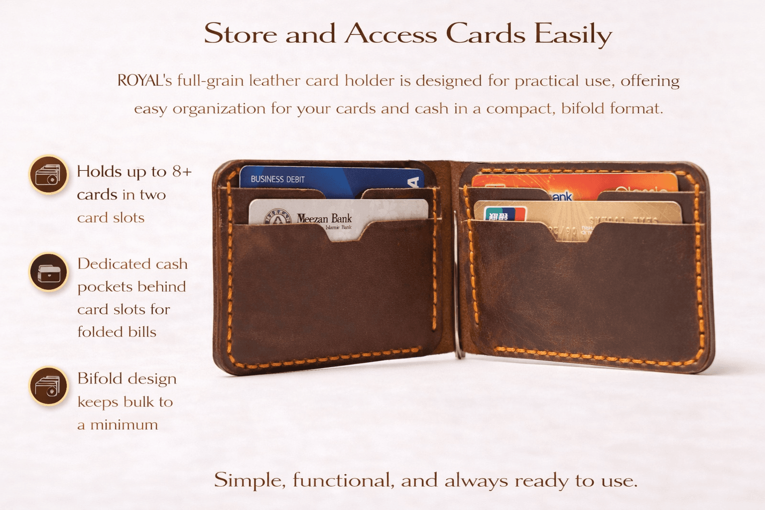 Royal Hand Made Cash Clip — Tan — Tan full-grain leather, view 5