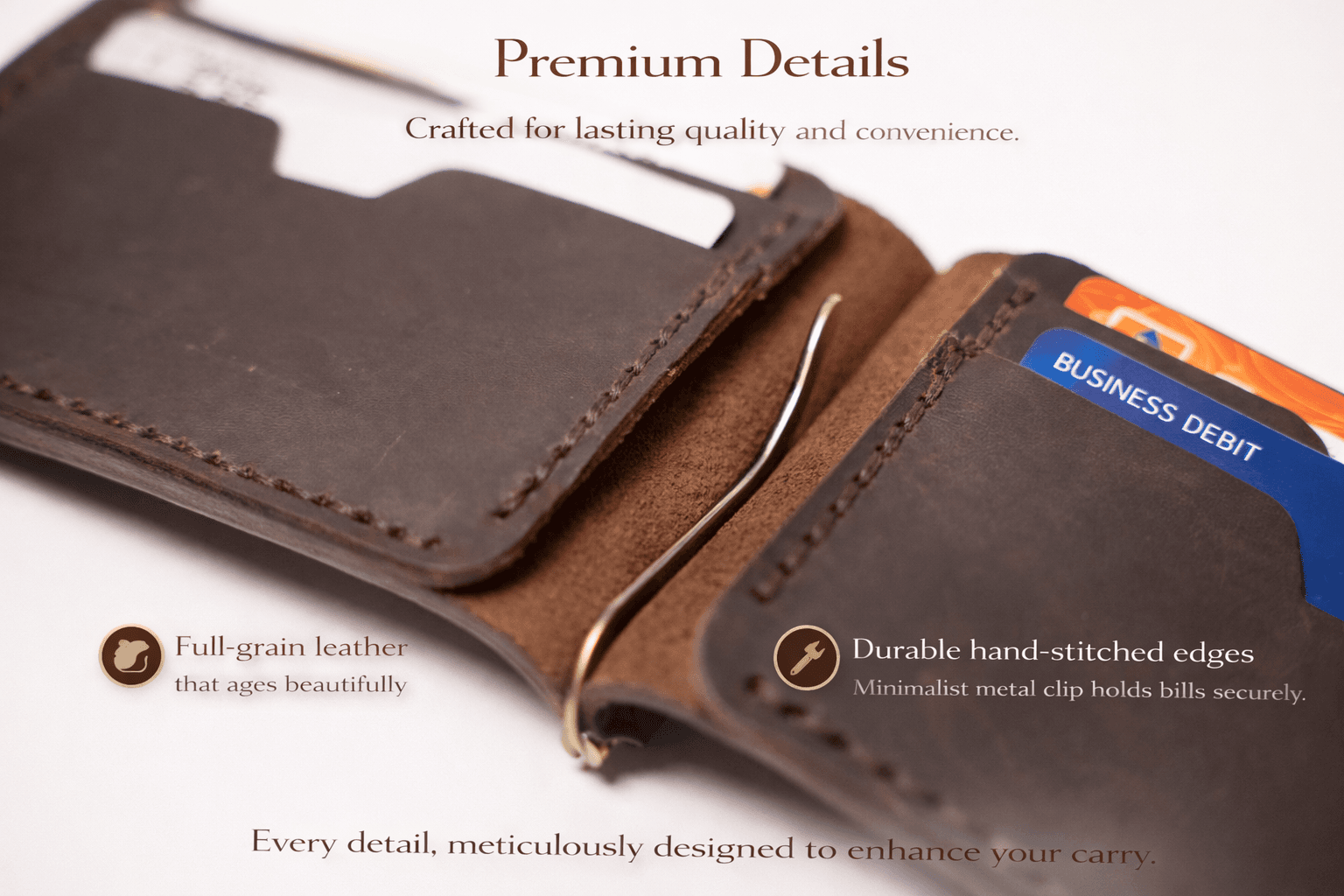 Royal Hand Made Cash Clip — Brown — Brown full-grain leather, view 5