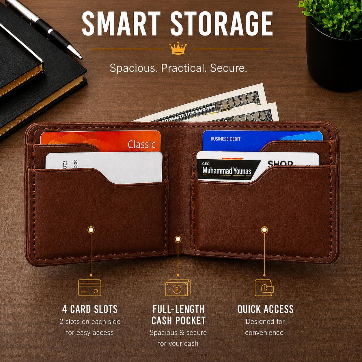 Chocolate front pocket wallet open — infographic: card slots, full-length cash pocket, smart storage