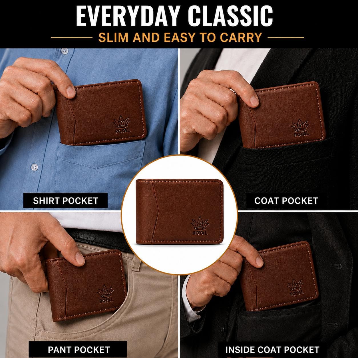 Everyday classic: chocolate wallet shown in shirt, coat, front and back pockets — slim and easy to carry