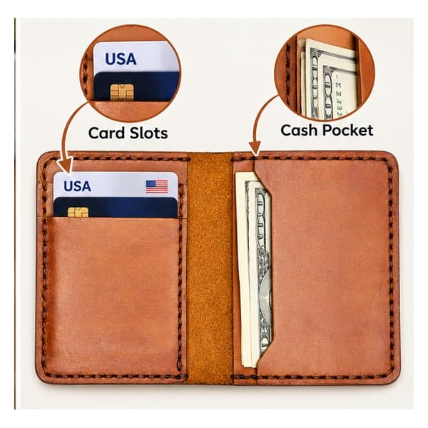Tan ROYAL Hand-Stitched Front Pocket Wallet opened flat: card slots on one side, folded bills in the pocket on the other
