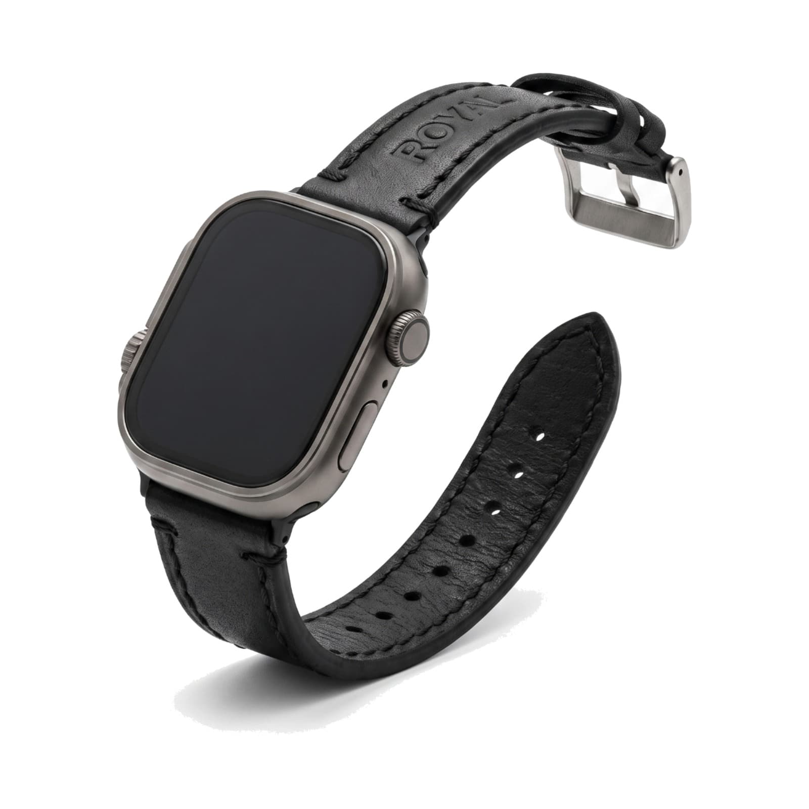 ROYAL Leather Apple Watch Band — Black — full strap, front view on white