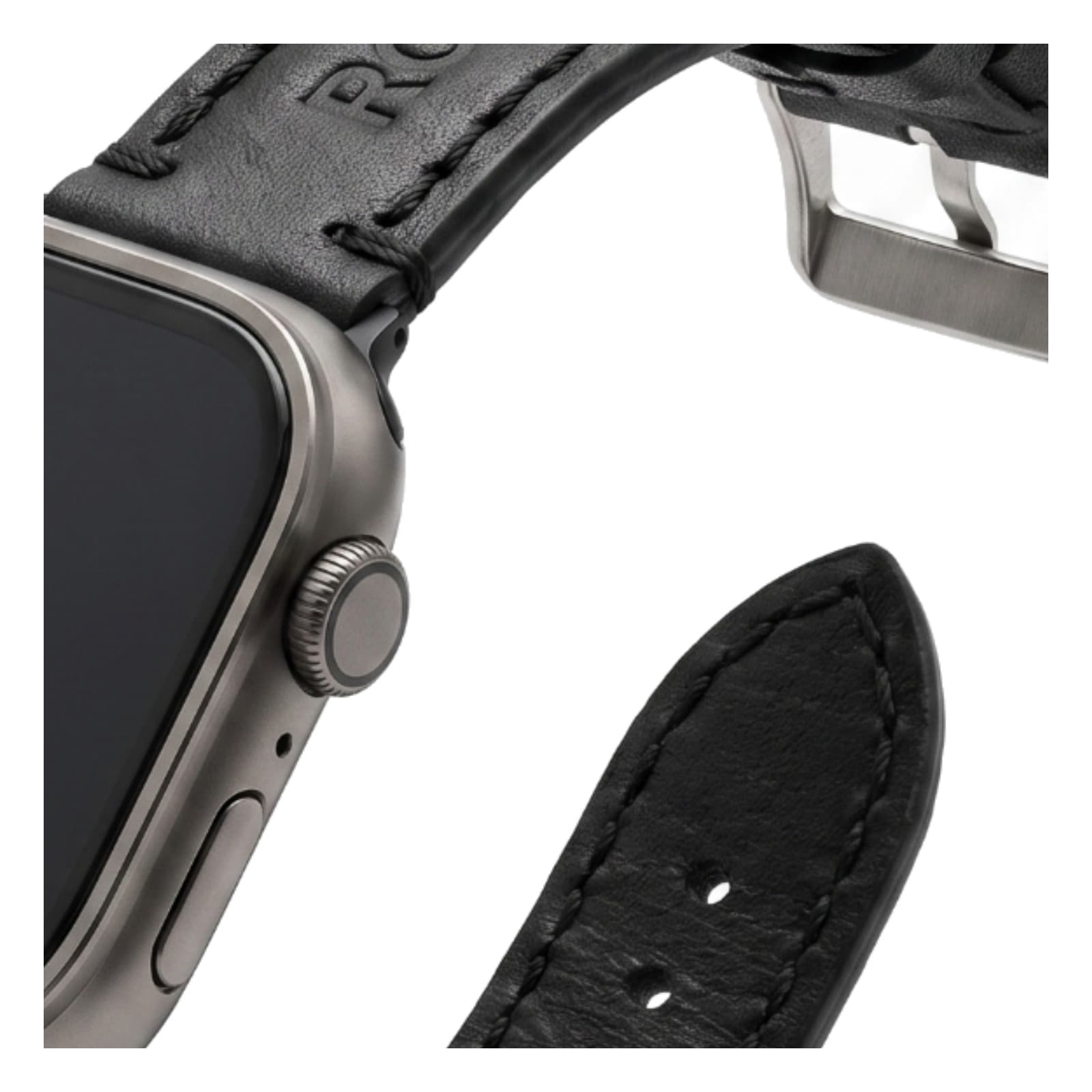 ROYAL Leather Apple Watch Band — Black — close-up of the leather grain, stitching and edge finish