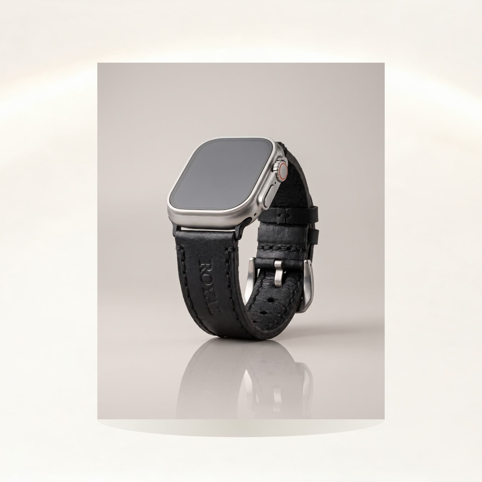 ROYAL Leather Apple Watch Band — Black — shown on a soft ivory studio backdrop