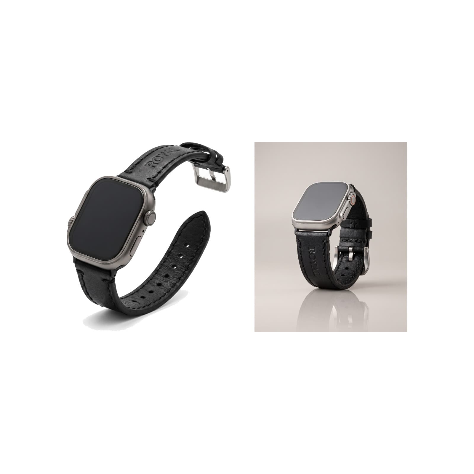ROYAL Leather Apple Watch Band — Black — two views shown together on white