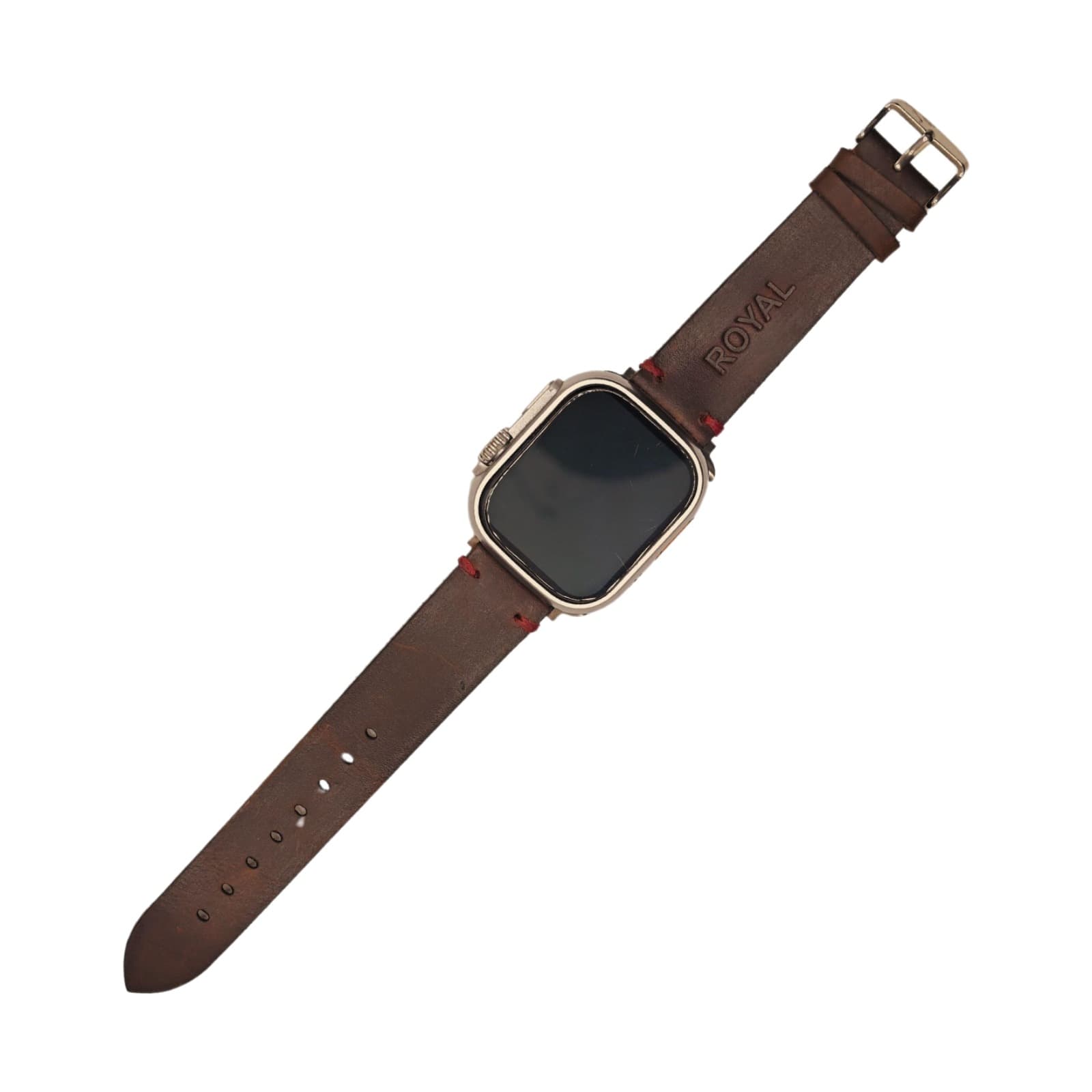 ROYAL Leather Apple Watch Band — Brown, Red Stitch — full strap, front view on white