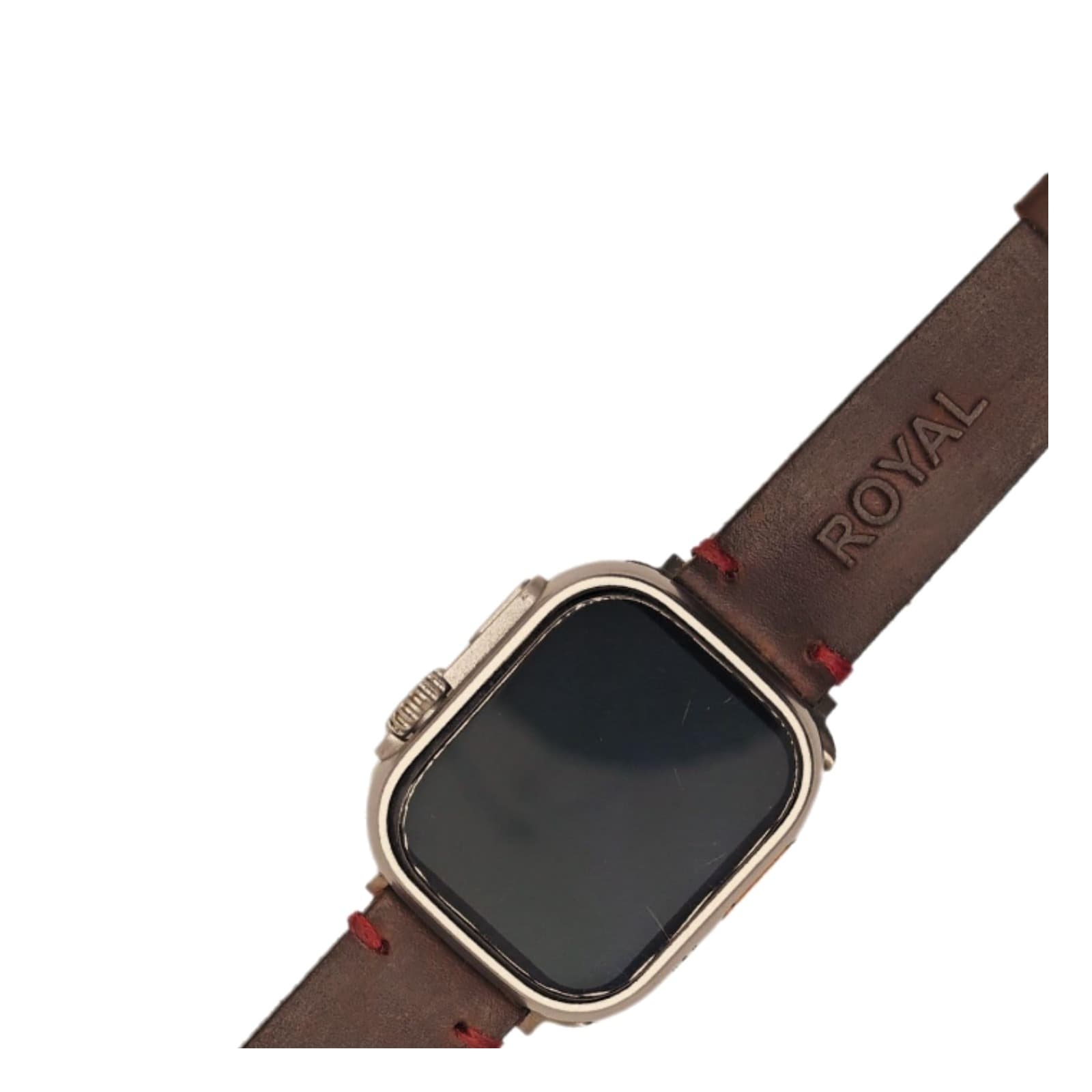 ROYAL Leather Apple Watch Band — Brown, Red Stitch — close-up of the leather grain, stitching and edge finish