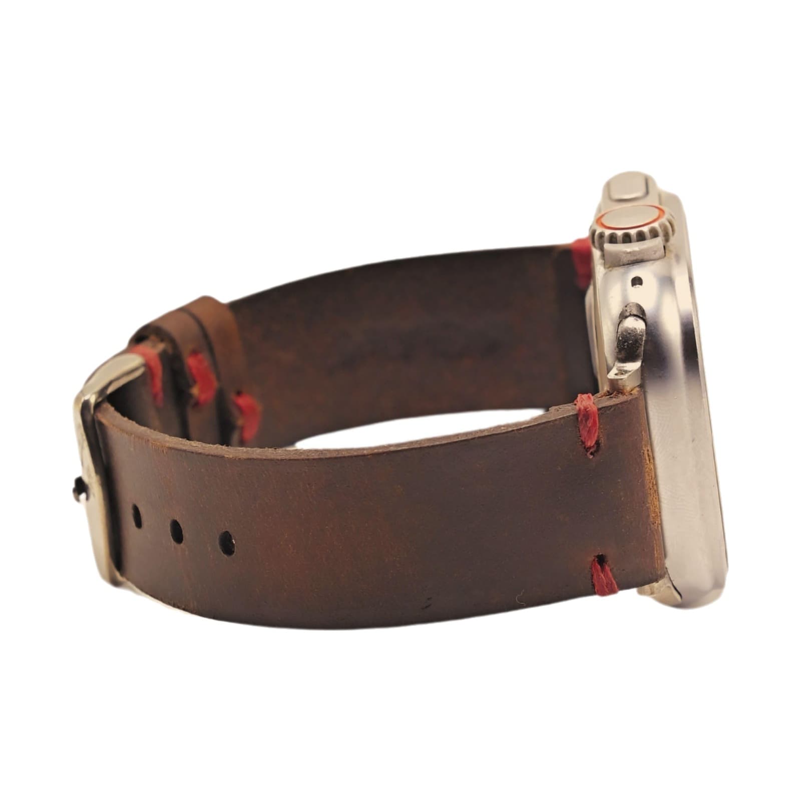 ROYAL Leather Apple Watch Band — Brown, Red Stitch — second view on white