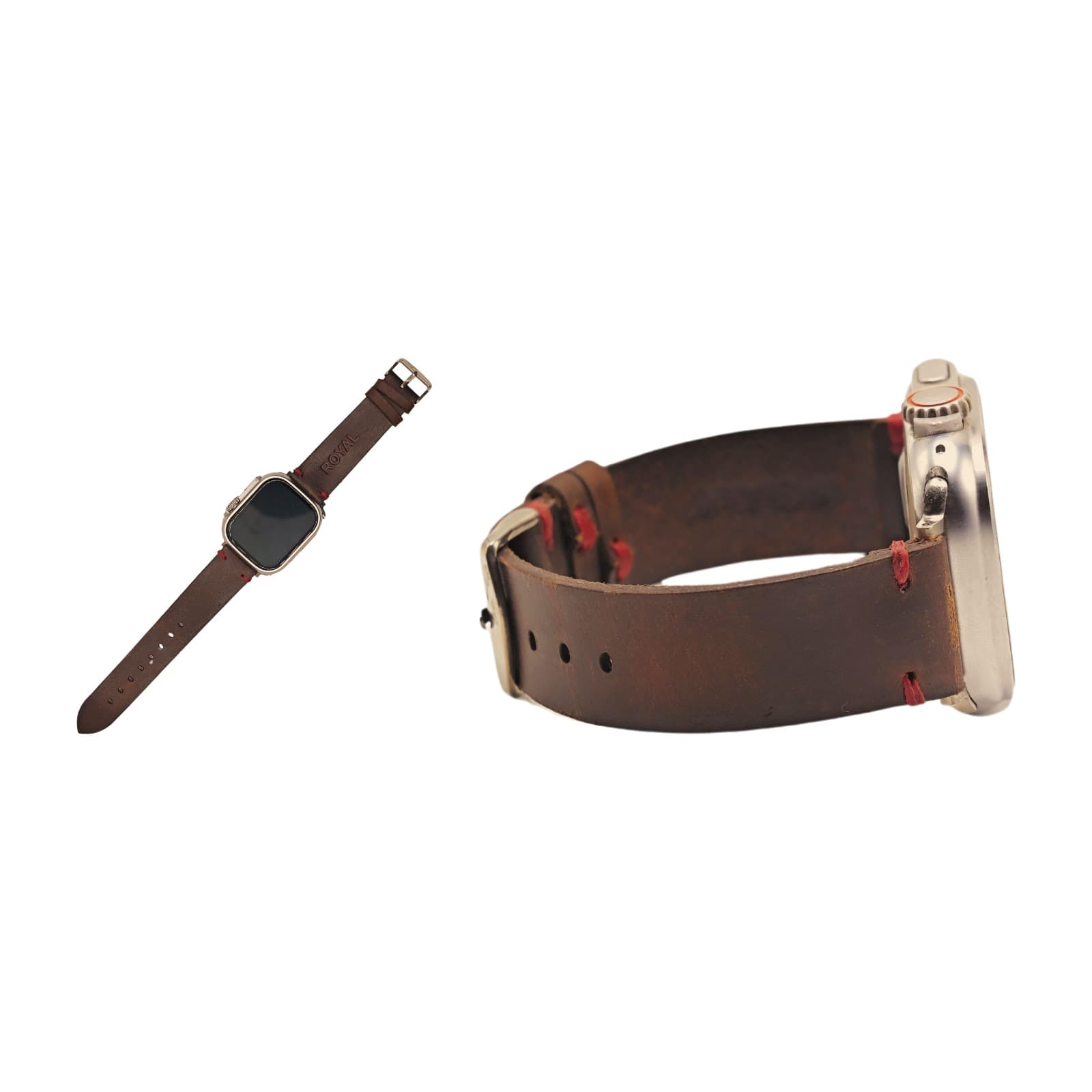 ROYAL Leather Apple Watch Band — Brown, Red Stitch — two views shown together on white