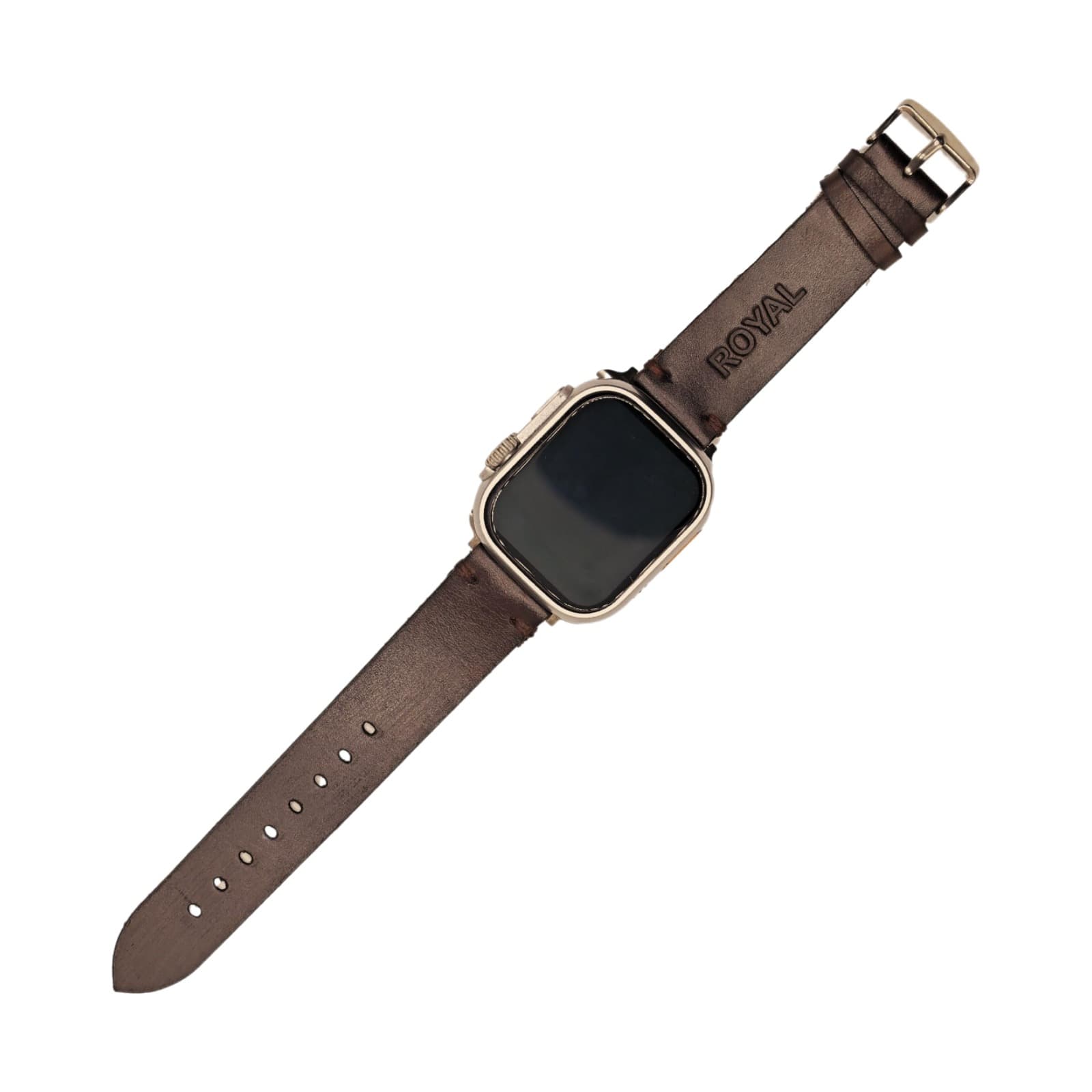 ROYAL Leather Apple Watch Band — Chocolate Brown — full strap, front view on white