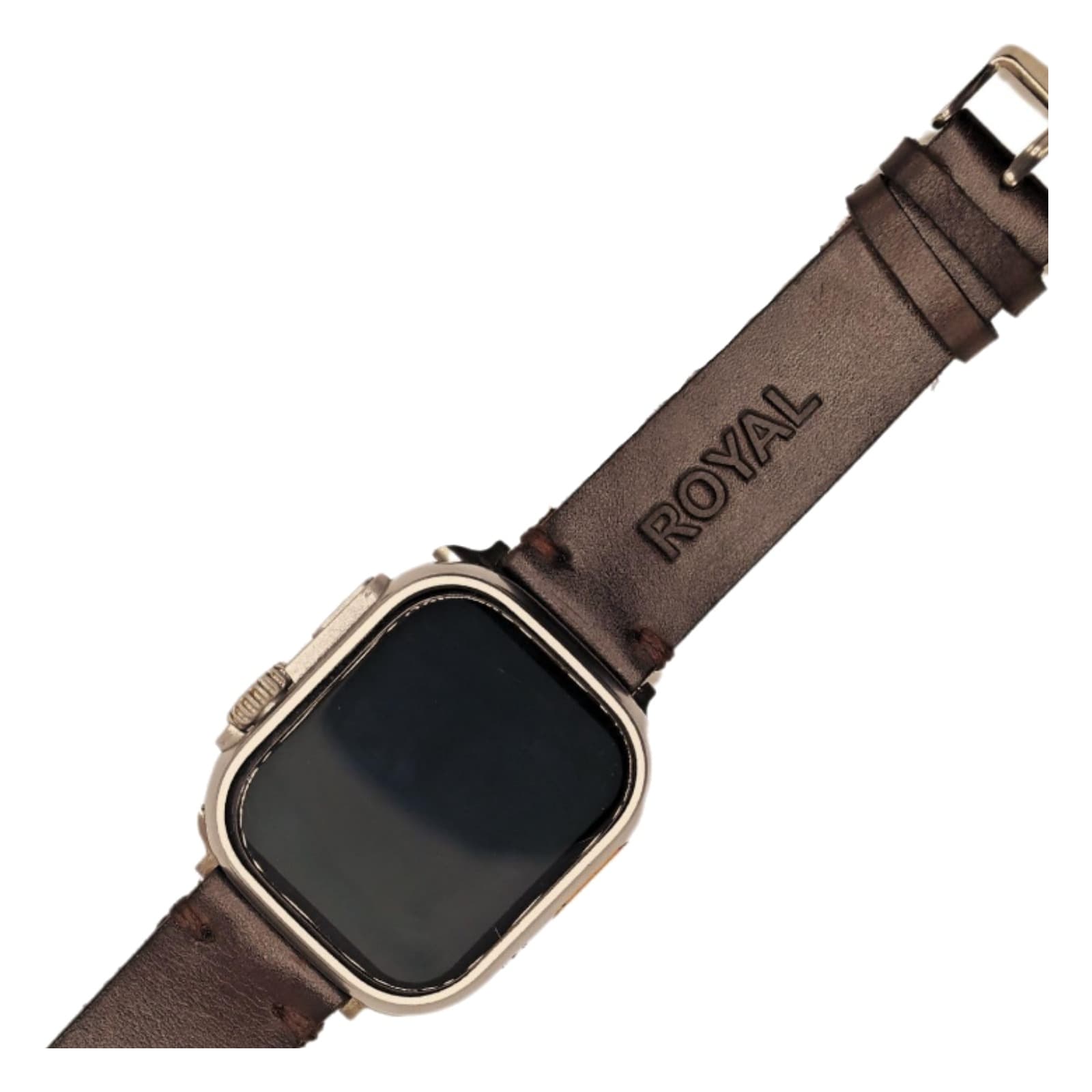 ROYAL Leather Apple Watch Band — Chocolate Brown — close-up of the leather grain, stitching and edge finish