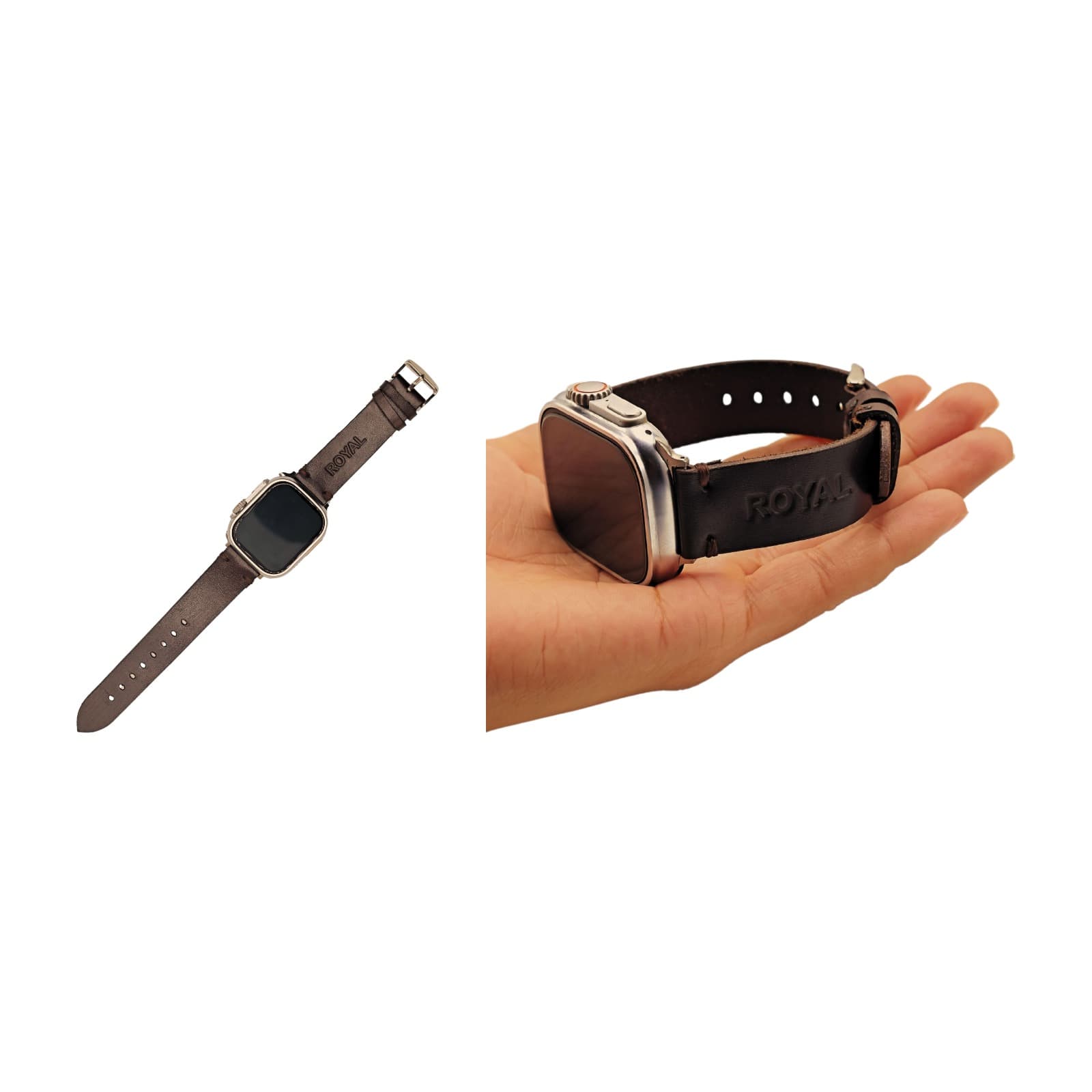 ROYAL Leather Apple Watch Band — Chocolate Brown — two views shown together on white