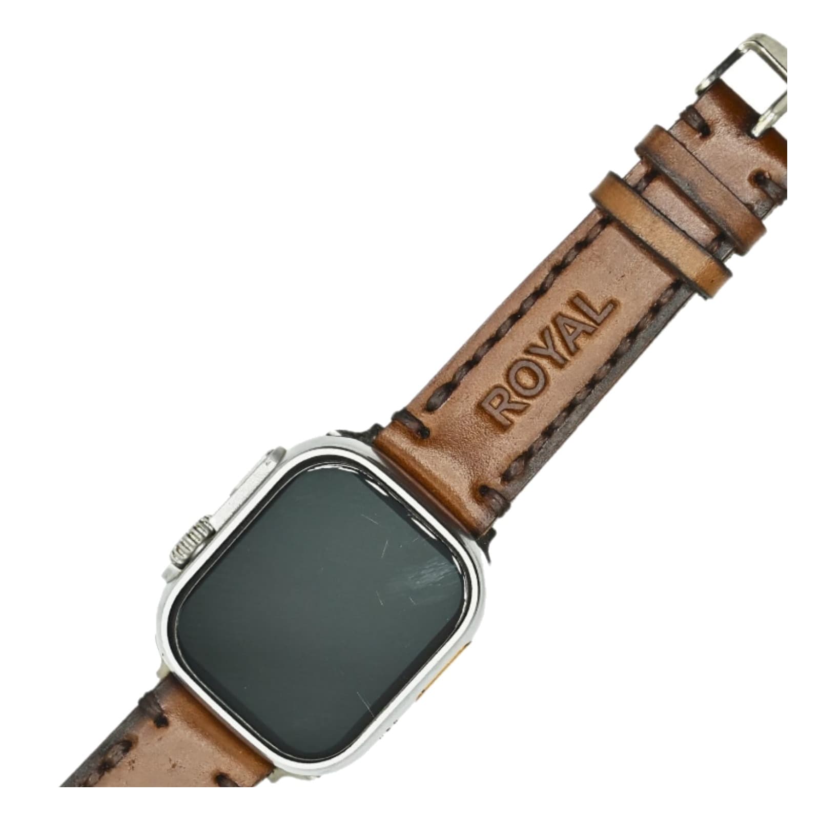 ROYAL Leather Apple Watch Band — Tan — close-up of the leather grain, stitching and edge finish