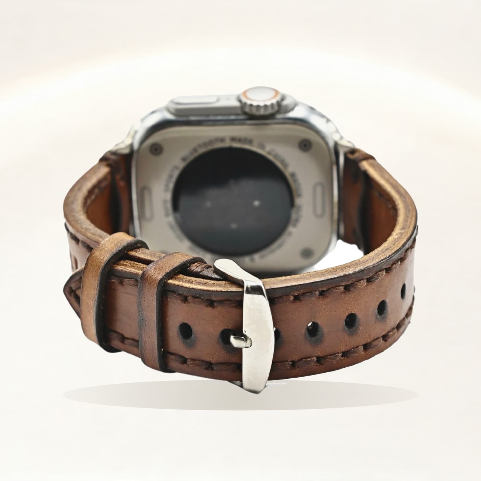 ROYAL Leather Apple Watch Band — Tan — shown on a soft ivory studio backdrop