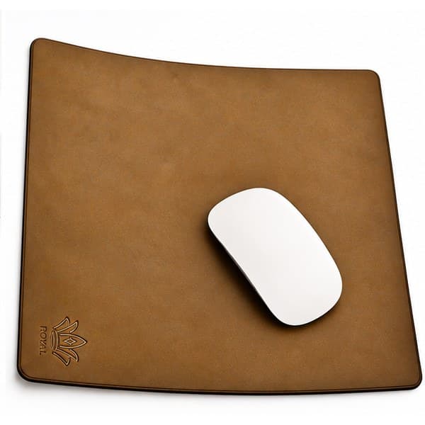 Dark brown ROYAL leather mouse pad with a white mouse resting on it and the crown logo in the corner