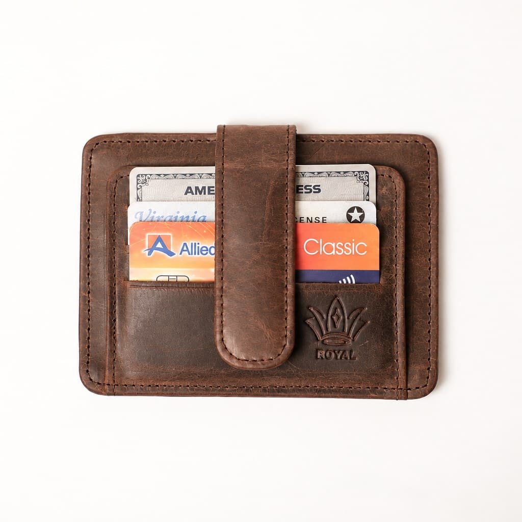 ROYAL Short Flap Card Holder in chocolate leather, snap flap closed over cards in both front slots