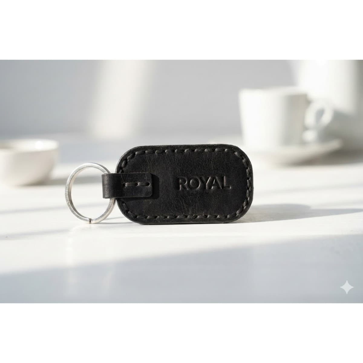 ROYAL Leather Keychain — Black — detail view