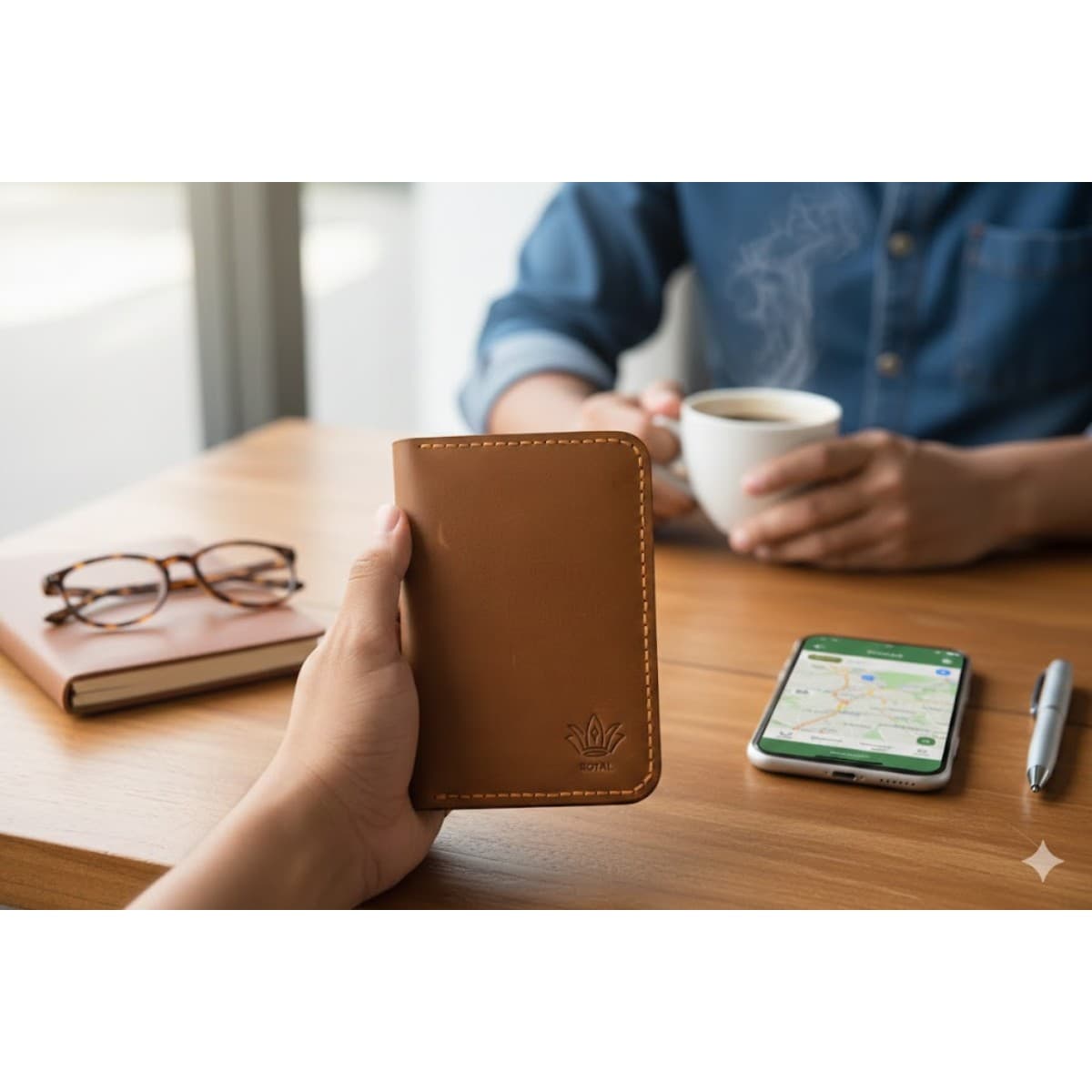 ROYAL Hand Made Passport Cover — Camel — angle view