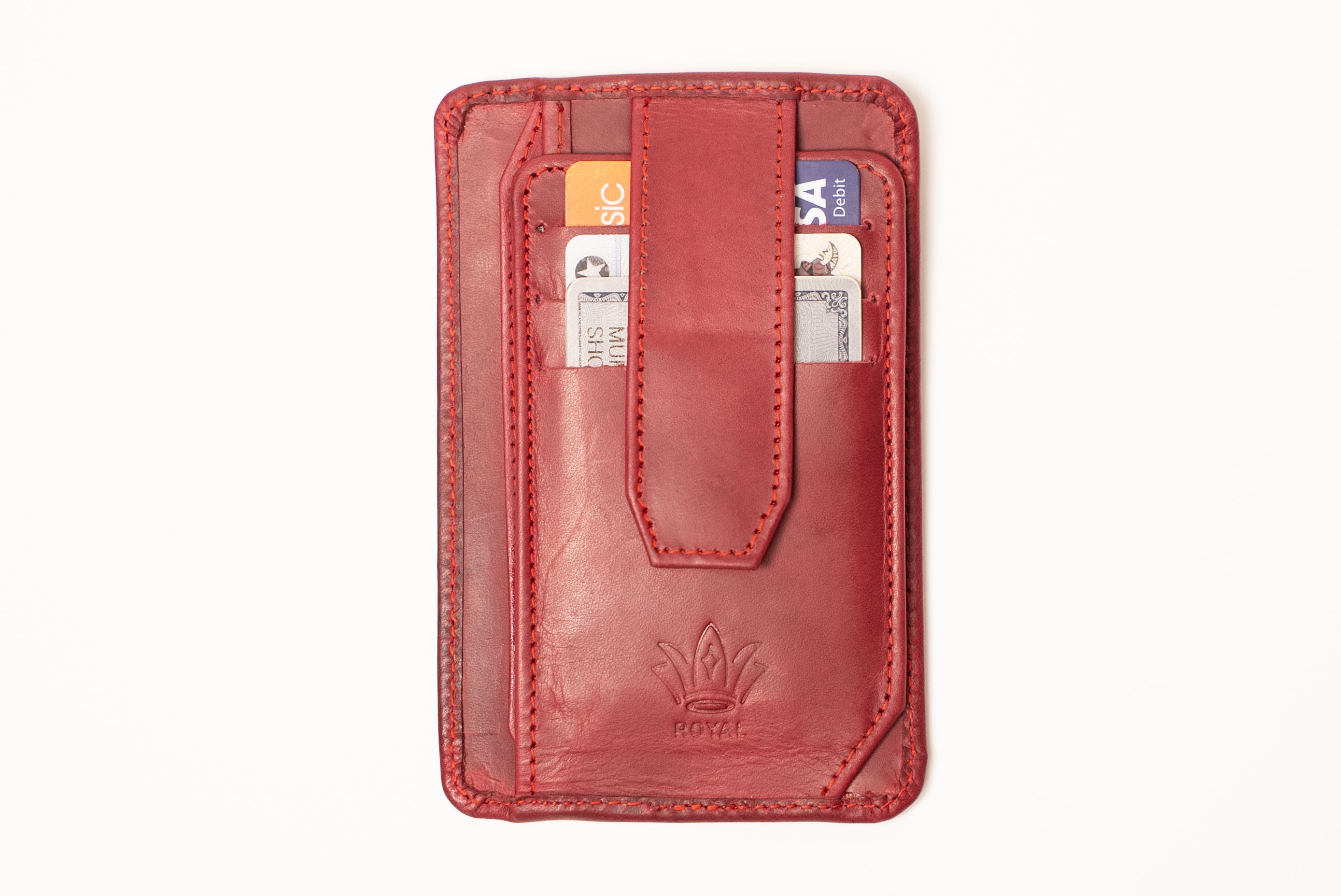 Red leather wallet with card slots on a white background